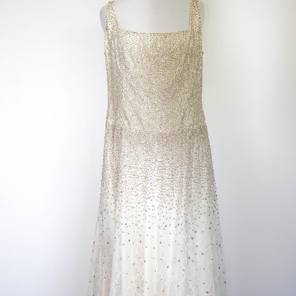 Carmen Marc Valvo Formal Dress Ivory White Bead Mesh Wedding Medium 1795$ - Picture 1 of 6